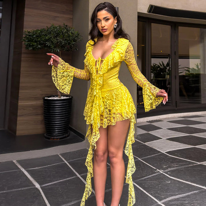 Lace deep V-skirt ruffle edge dress