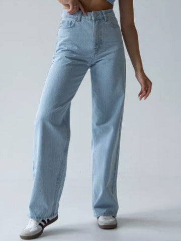 Stylish high-waisted straight-leg loose-fitting jeans