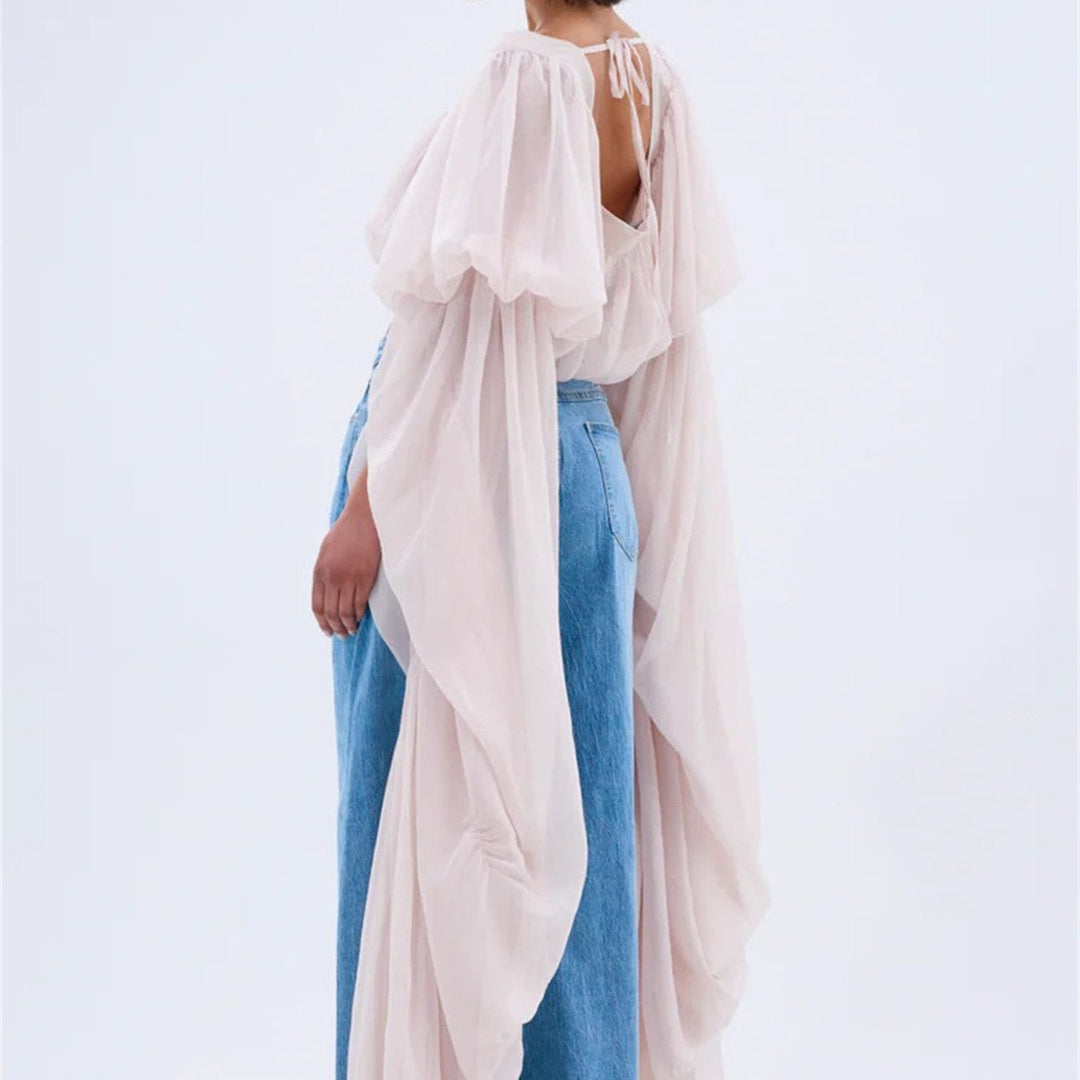 Square neck chiffon blouse with tie