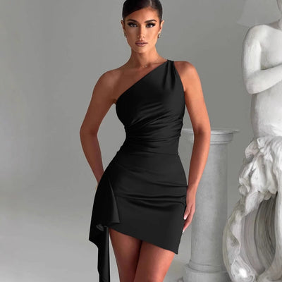 Satin one-shoulder high-waisted backless dress