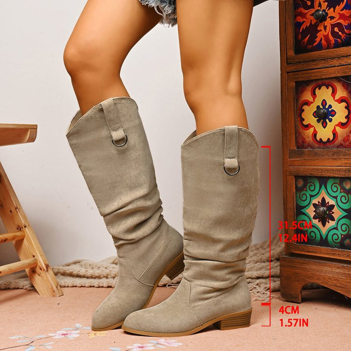 Suede pointed-toe square-heeled high boots