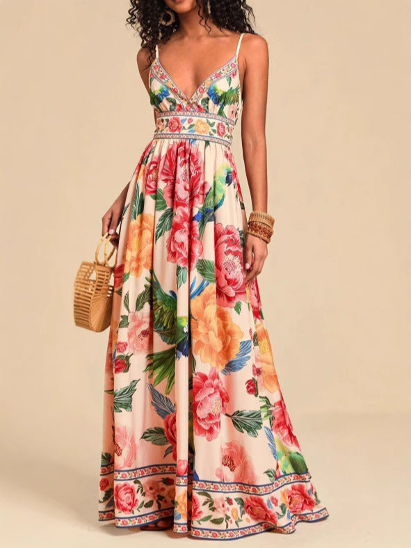 Spaghetti-strap printed V-neck maxi knit dress