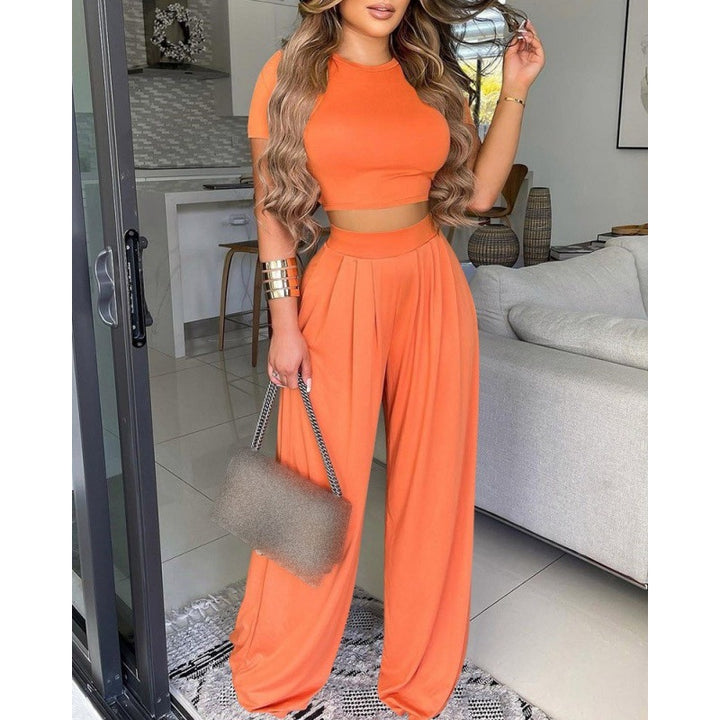 Round neck solid color wide leg pants casual suit