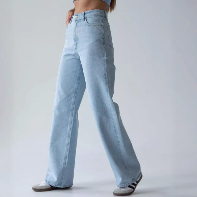 Stylish high-waisted straight-leg loose-fitting jeans