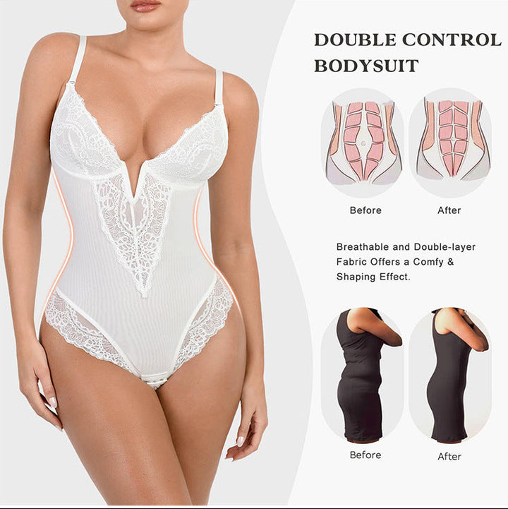Lace waist cinching and hip lifting bodysuit jumpsuit