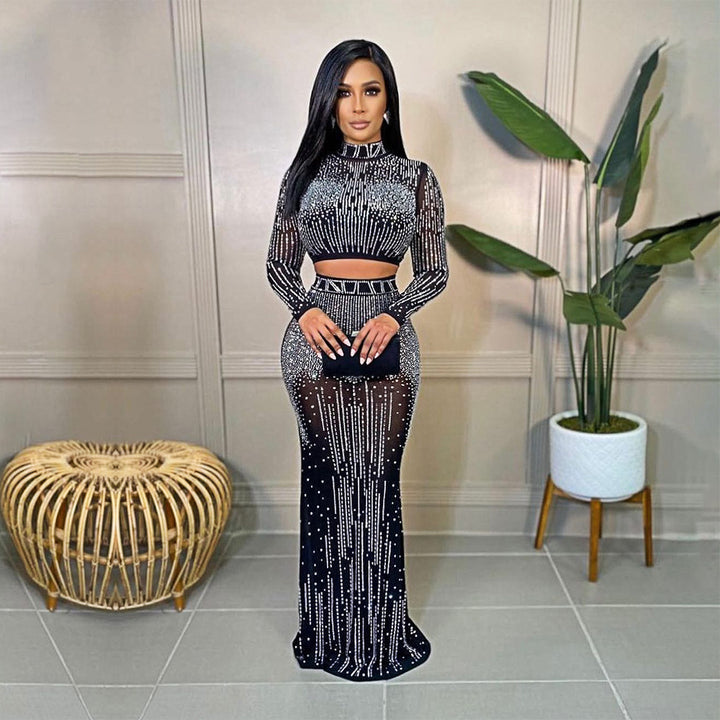 Elegant Rhinestone Midi Skirt Set