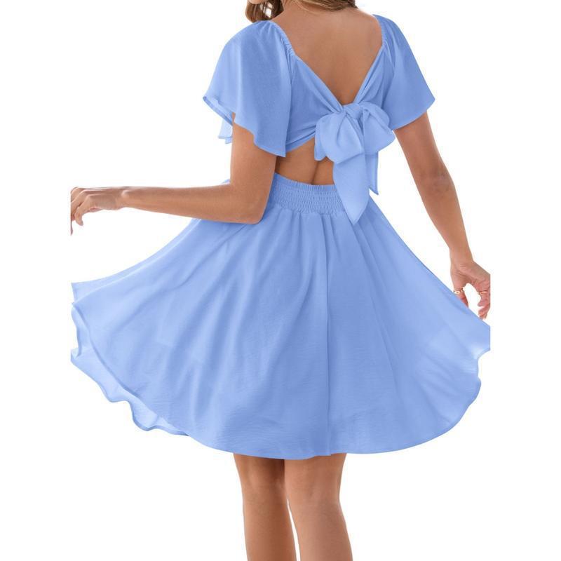 Square neck short-sleeved high-waisted dress
