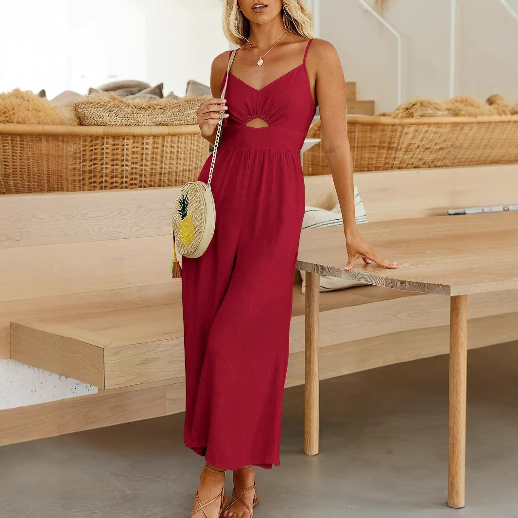 Solid color hollow suspender jumpsuit