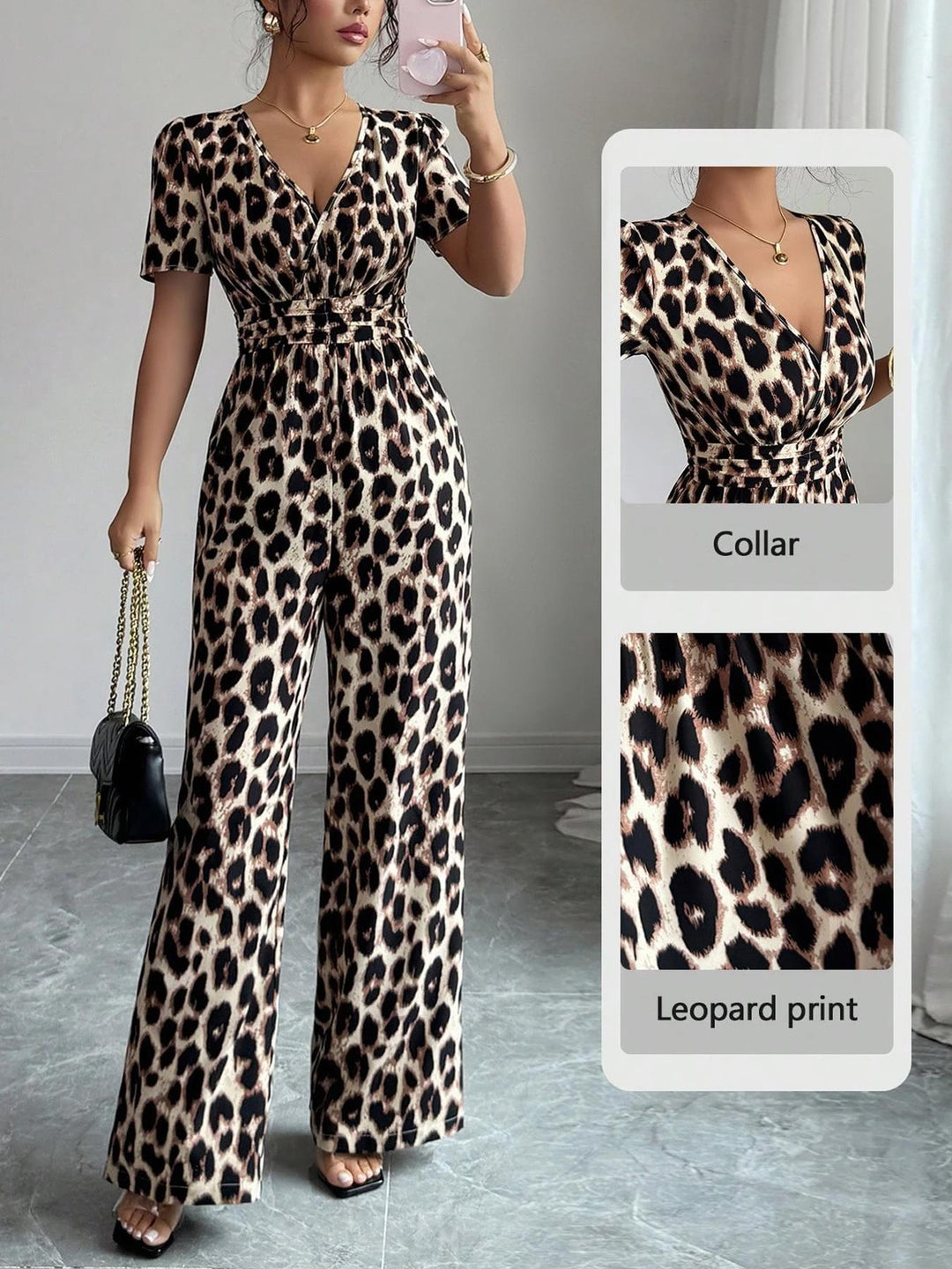 Leopard print fitted waist pleated V-neck jumpsuit