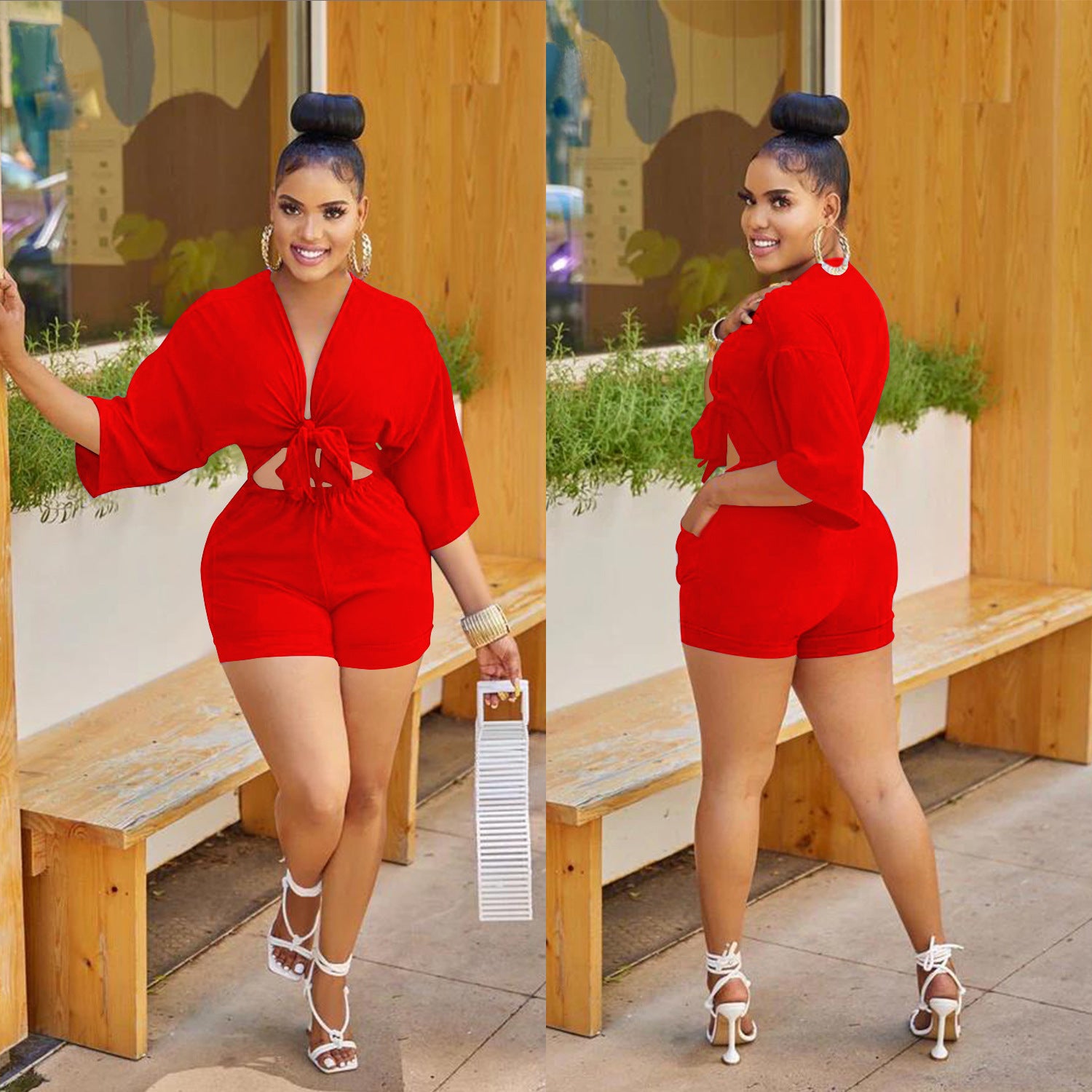 Stylish mid-sleeve blouse jumpsuit