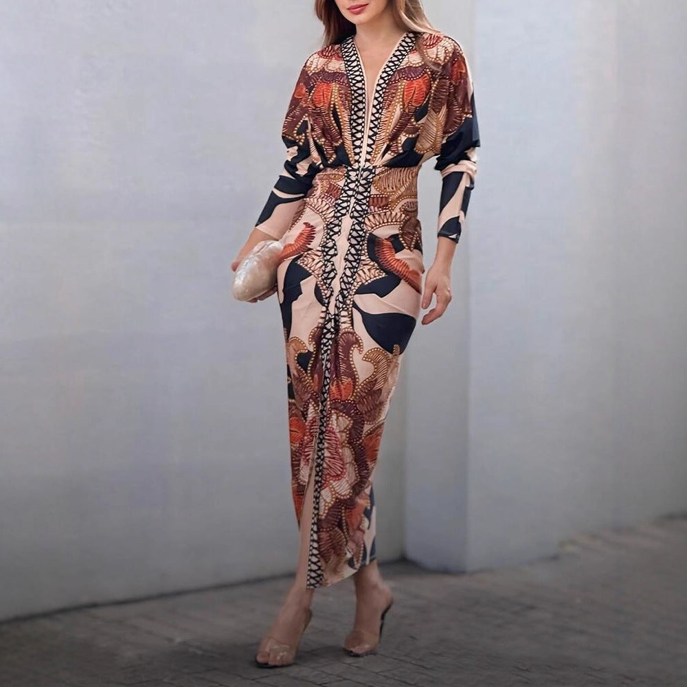 Printed V-neck slit dress