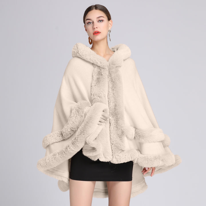 Fur-collared shawl cape cardigan