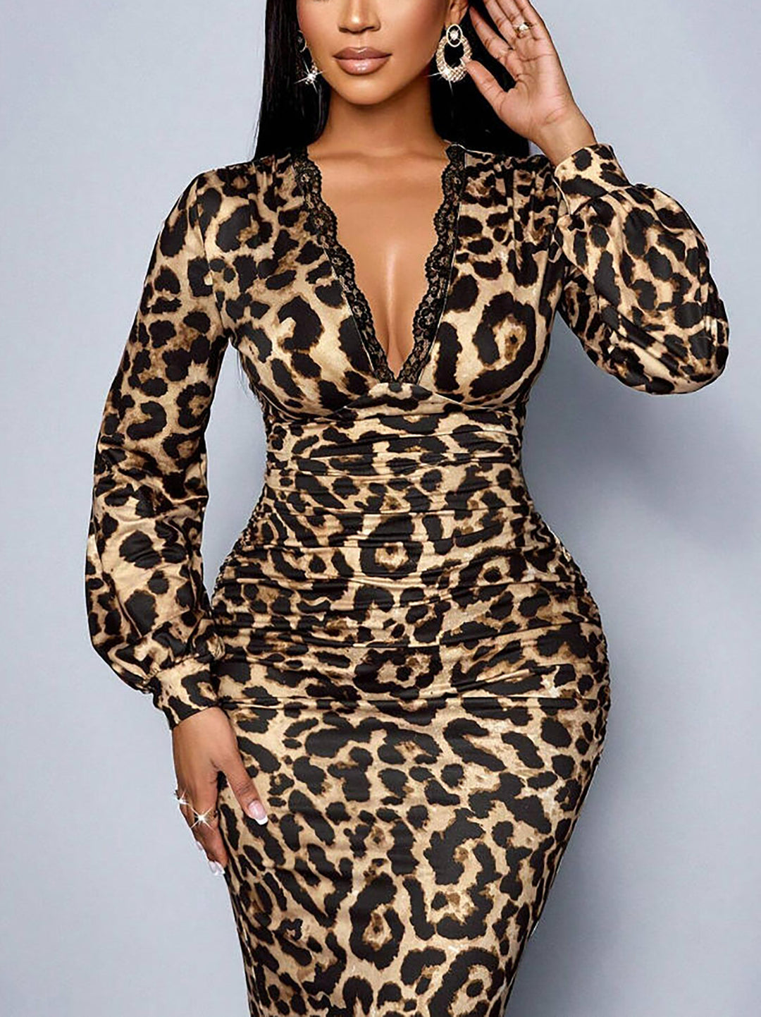 Leopard print long-sleeved slit V-neck maxi dress