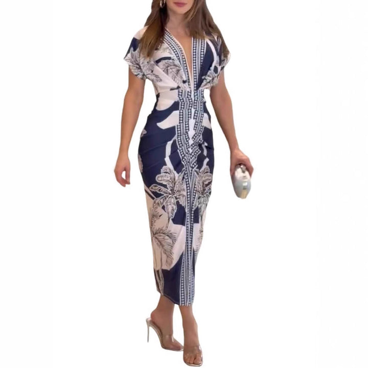 Printed V-neck slit dress