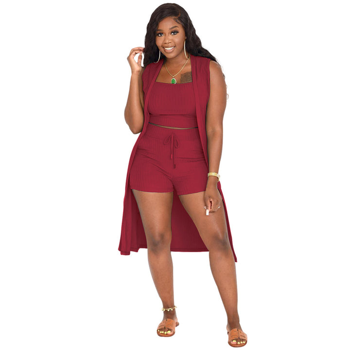 3 Piece Rib-Knit Top & Shorts & Cardigan Set