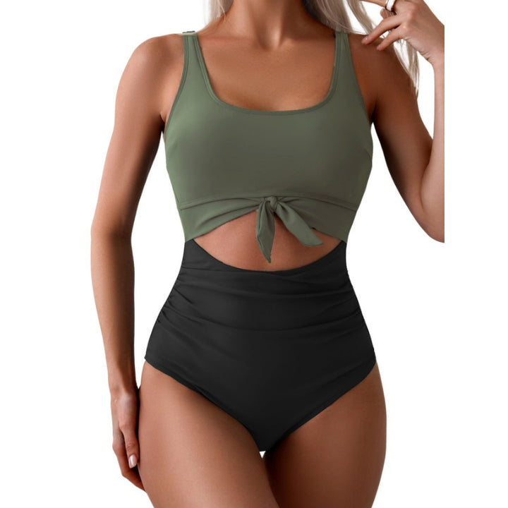 Slim-fitting, tummy-control, openwork, tie-up swimsuit