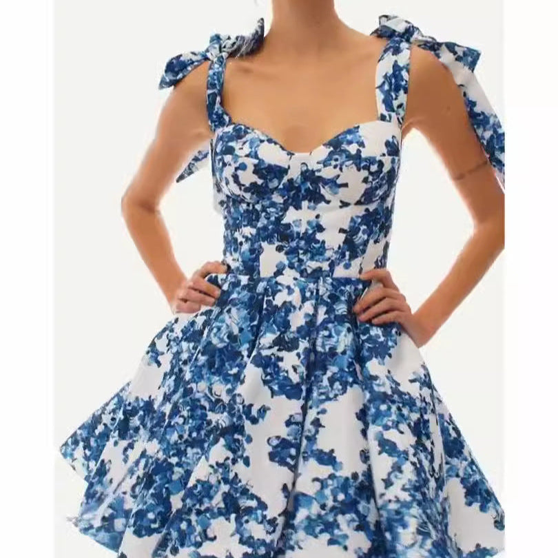 Vacation Style Slim Printed Lace-Up Dress