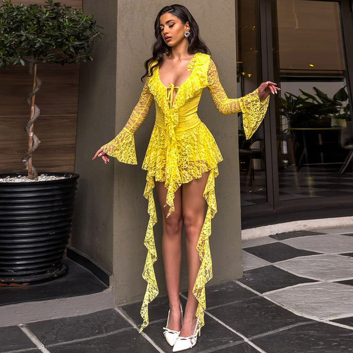 Lace deep V-skirt ruffle edge dress