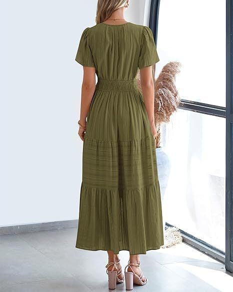 V-neck pleated bubble sleeve layered dress