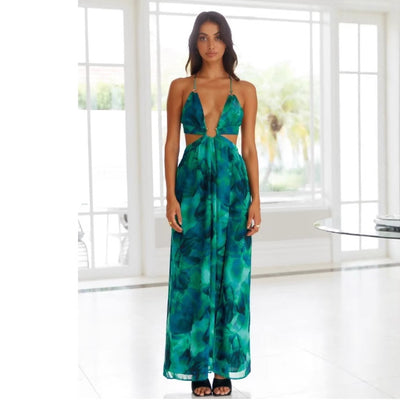 Halter Backless Hollow Out Printed Dresses
