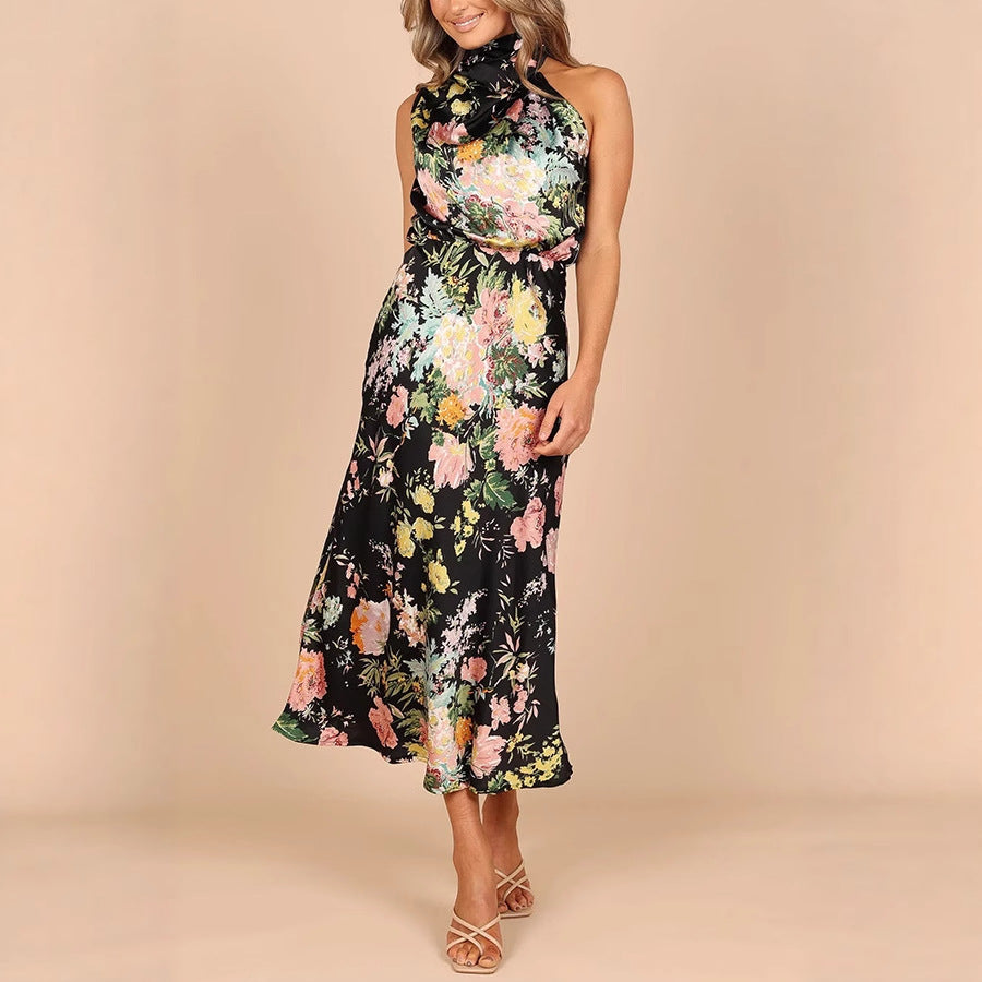 Sleeveless halter neck printed satin dress
