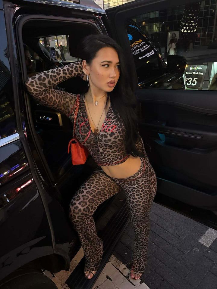 Long-sleeved cardigan printed high-waisted pants suit