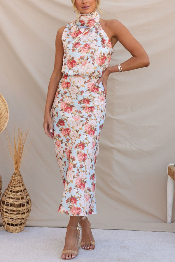 Sleeveless halter neck printed satin dress