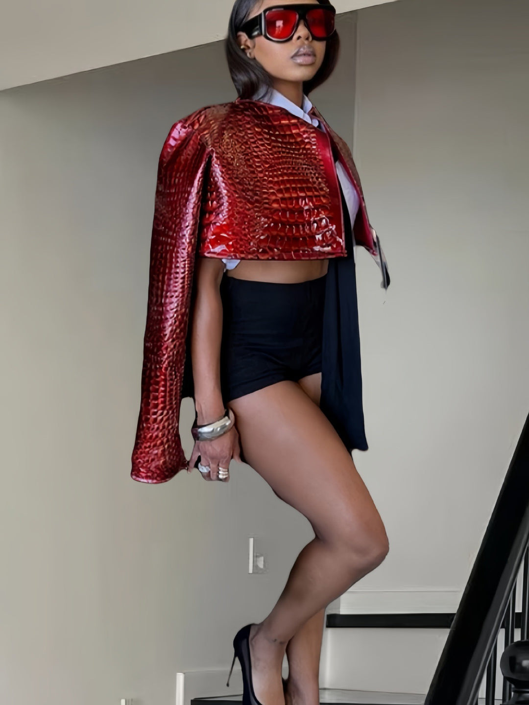 Glossy Pleated Short Jacket