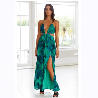 Halter Backless Hollow Out Printed Dresses
