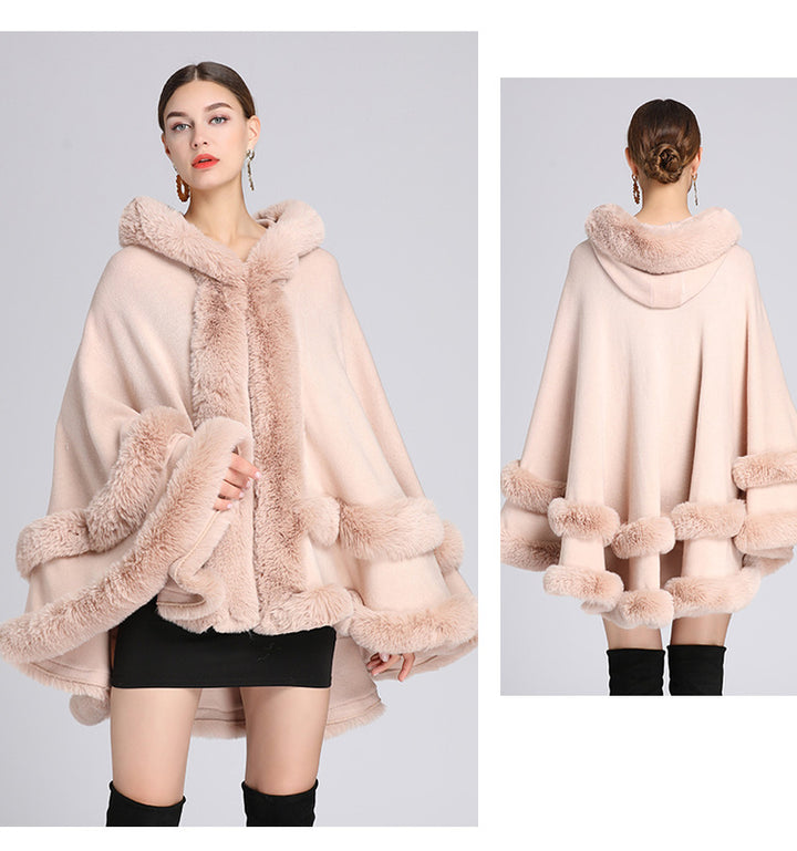 Fur-collared shawl cape cardigan
