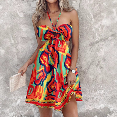 Printed Strapless Hanging Neck Hollow Out Dresses