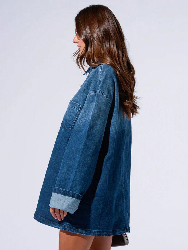 Oversized Half Zip Denim Shirt Dress