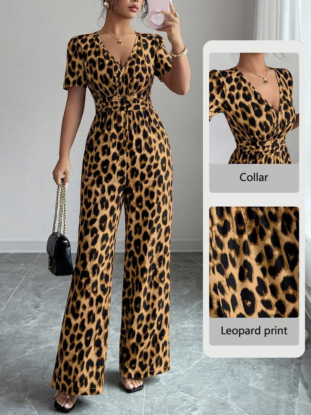 Leopard print fitted waist pleated V-neck jumpsuit
