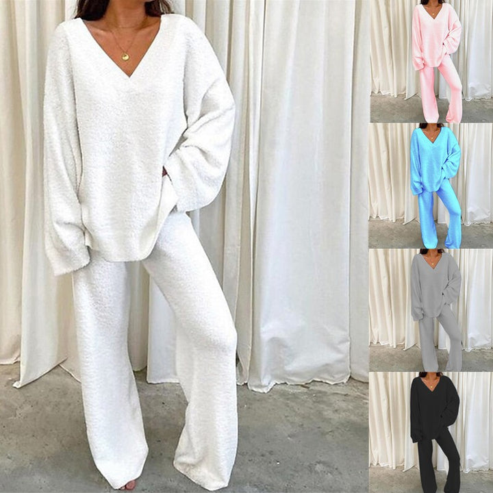 Solid-Color V-Neck Casual Sweater Set