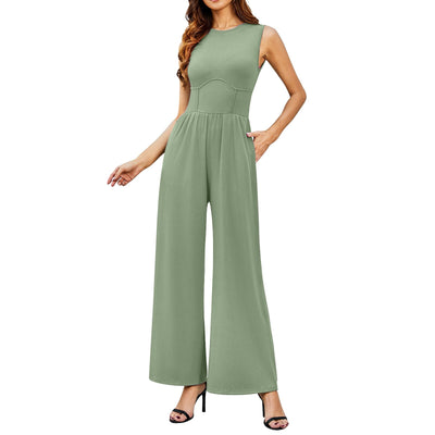 Round Neck Sleeveless Slim Long Casual Jumpsuit