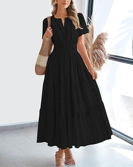 V-neck pleated bubble sleeve layered dress