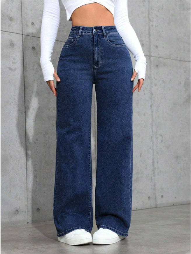 Stylish high-waisted straight-leg loose-fitting jeans
