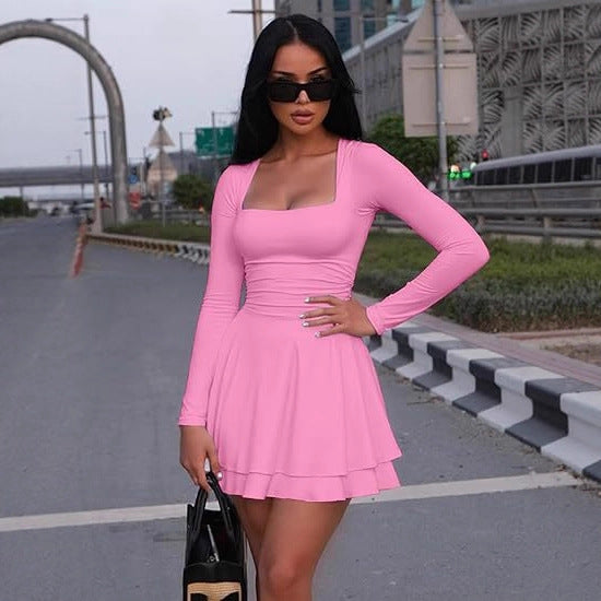 Slim-fit square neck long-sleeved dress