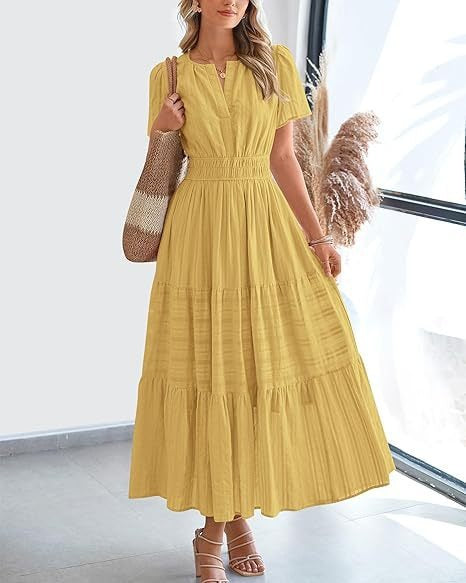 V-neck pleated bubble sleeve layered dress