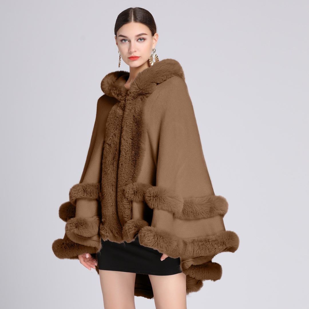 Fur-collared shawl cape cardigan