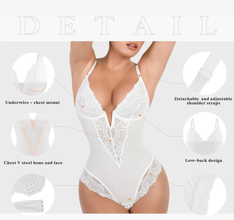 Lace waist cinching and hip lifting bodysuit jumpsuit