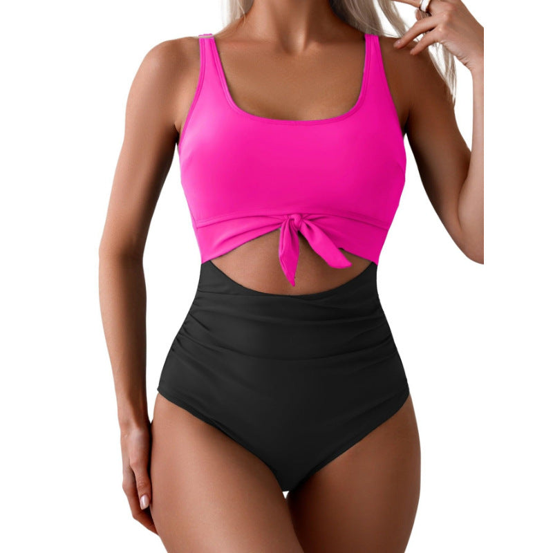 Slim-fitting, tummy-control, openwork, tie-up swimsuit