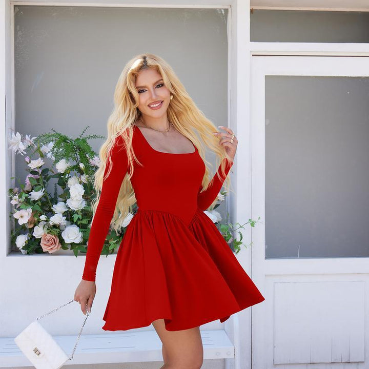 Slim fit square neck knitted strap long sleeved dress