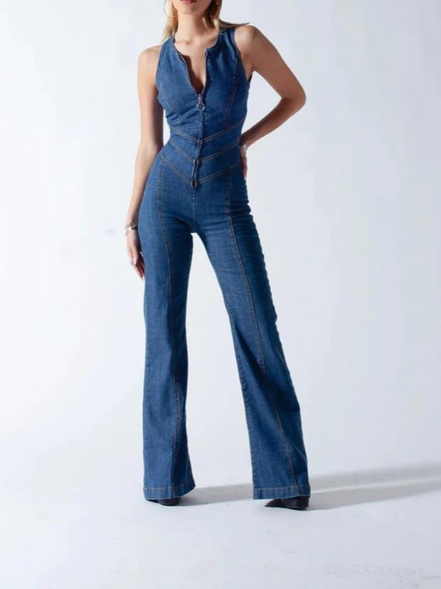 Retro-style high-waisted denim jumpsuit