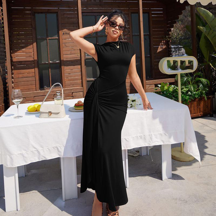 Slim-fit pleated tie-waist short-sleeved dress