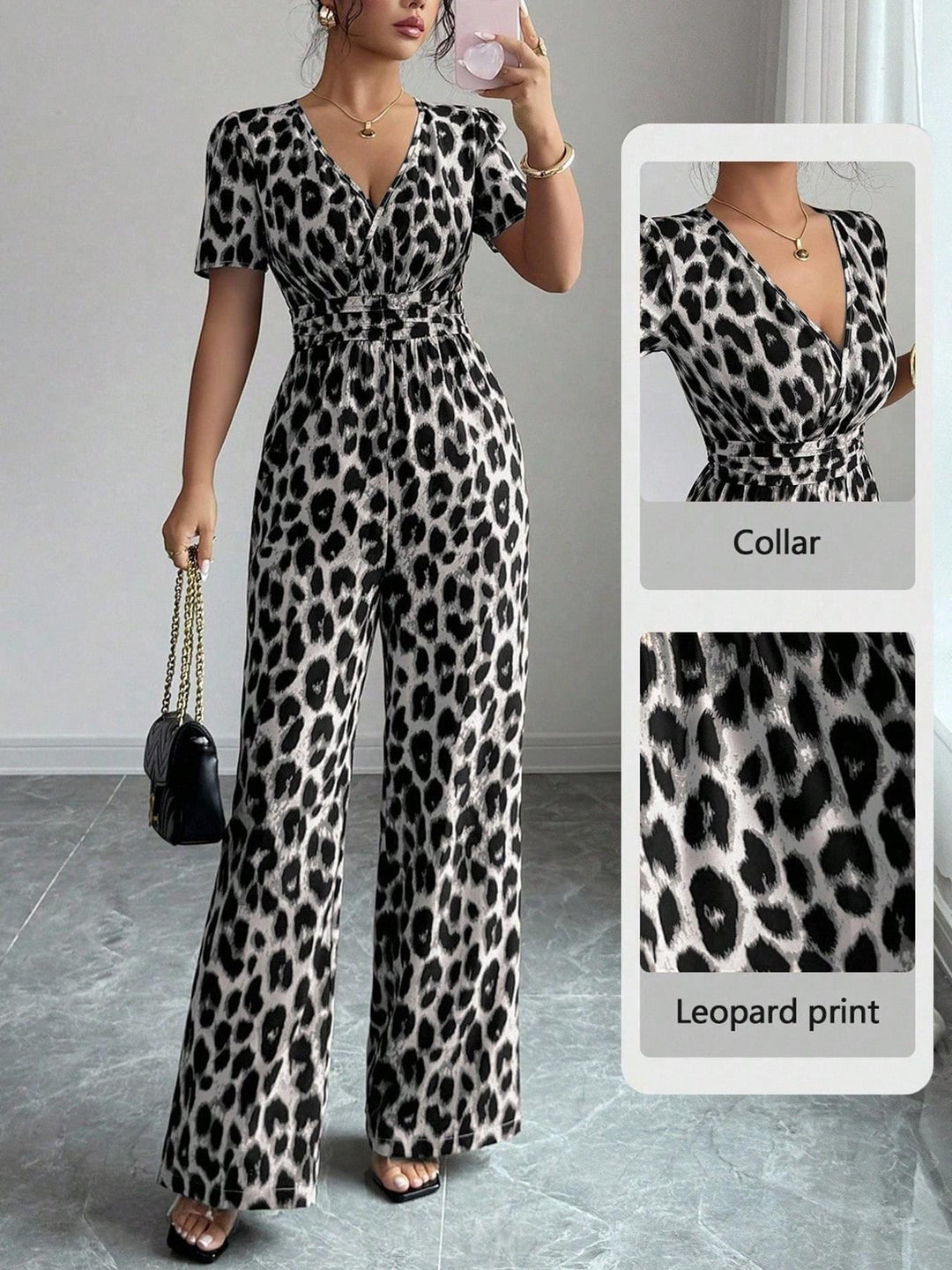 Leopard print fitted waist pleated V-neck jumpsuit
