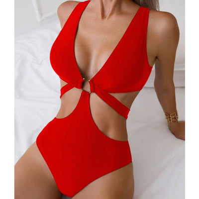 Solid color skinny bikini one piece swimsuit