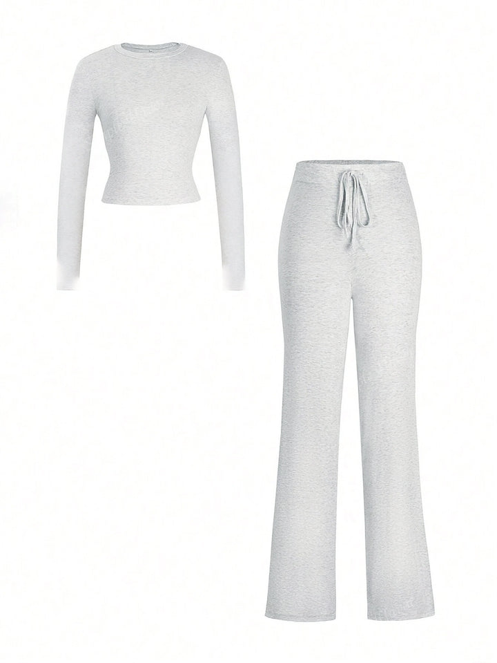Solid color trousers and long-sleeved casual two-piece set