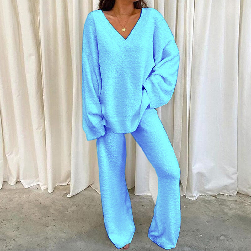Solid-Color V-Neck Casual Sweater Set