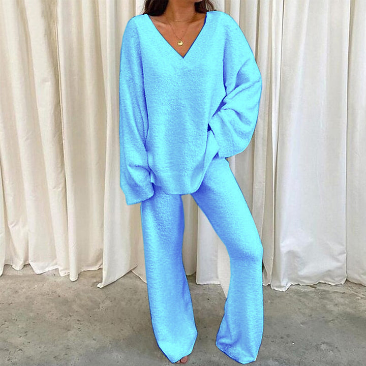 Solid-Color V-Neck Casual Sweater Set